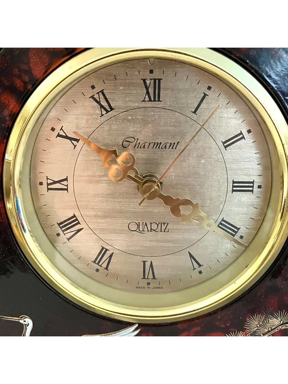 Vintage Charmant Quartz Clock Japan Flying Cranes Gold Lacquer Style